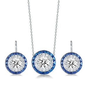 jewelry sets - Italo Halo White & Blue Sapphire Necklace & Drop Earrings Jewelry Set, Italo jewelry - Online Catalog