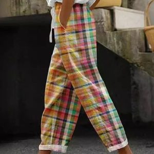 Women Plaid Long Pant Casual Spring/Fall Trousers, JustFashionNow Pants, color:As Picture|size:5XL,