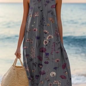 Women Floral Summer Dress Crew Neck Sleeveless A-Line Dress, Dresses, color:Black|size:4XL, catalog Noracora shop
