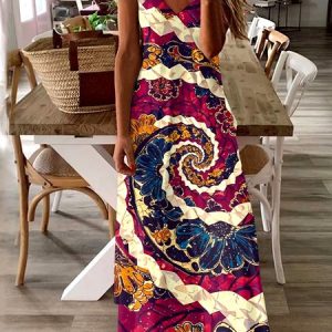 Women Geometric Spaghetti Sleeveless Comfy Casual Maxi Dress, Maxi, color:Red|size:4XL, catalog Noracora shop