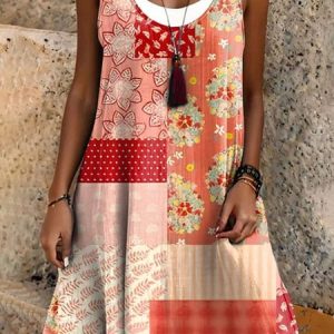 Women Sundress Floral Print Crew Neck Sleeveless Comfy Casual Midi Dress, Dresses, color:Red|size:3XL, catalog Noracora shop