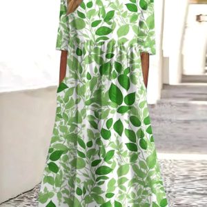 Women Floral Summer Dress Crew Neck Short Sleeve A-Line Dress, Maxi, color:Green|size:4XL, catalog Noracora shop