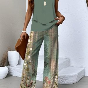 Women Gradient Pattern Crew Neck Sleeveless Comfy Casual Top With Pants Two-Piece Set, Sets, color:Green|size:XXL, catalog Noracora shop
