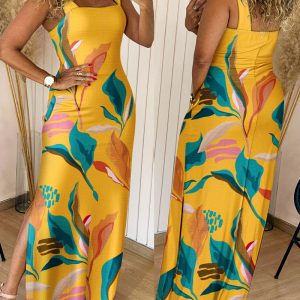 Plants Placement Print Square Neck Thick Strap Side Slit Maxi Dress Casual Vacation Dress with Pockets, women Maxi Dresses, ChicMe catalog