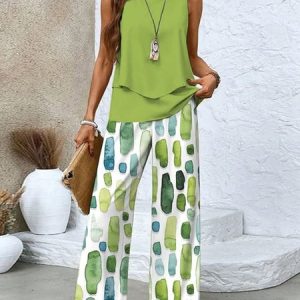 Women Ombre Two-Piece Set Daily Sleeveless Casual Summer Top With Pants Matching Set, JustFashionNow Suit Set, color:Green|size:XXL,