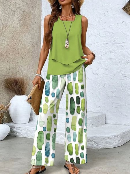Women Ombre Two-Piece Set Daily Sleeveless Casual Summer Top With Pants Matching Set, JustFashionNow Suit Set, color:Green|size:XXL,