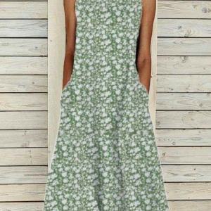 Women Floral Sleeveless Summer Printing Dress Crew Neck Daily Casual Maxi Fit & Flare Dress H-Line Dress, JustFashionNow Casual Dresses, color:Green|size:3XL,
