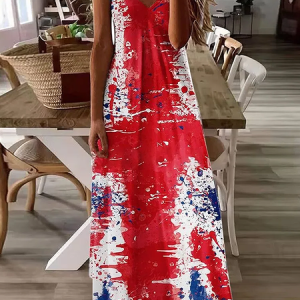 Women Independence Day (Flag) Sleeveless Summer Printing Dress V Neck Daily Casual Maxi Slip Dress X-Line Dress, JustFashionNow Casual Dresses, color:Red|size:5XL,