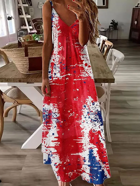 Women Independence Day (Flag) Sleeveless Summer Printing Dress V Neck Daily Casual Maxi Slip Dress X-Line Dress, JustFashionNow Casual Dresses, color:Red|size:5XL,