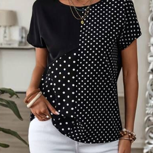Women Polka Dots Short Sleeve Tee T-shirt Crew Neck Printing Casual Summer Graphic Tee Top, JustFashionNow T-Shirts, color:Black|size:XXL,