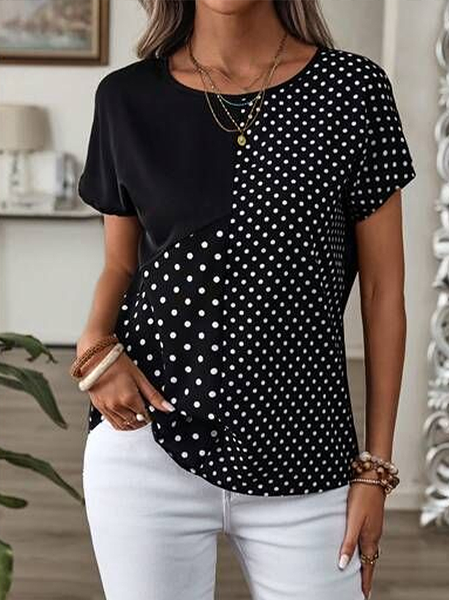 Women Polka Dots Short Sleeve Tee T-shirt Crew Neck Printing Casual Summer Graphic Tee Top, JustFashionNow T-Shirts, color:Black|size:XXL,