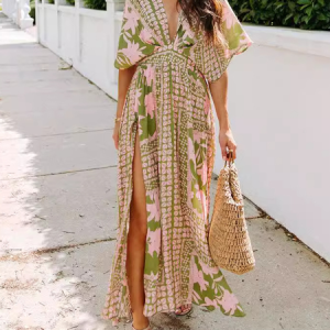Women Floral Half Sleeve Summer Slit Dress V Neck Daily Casual Maxi Flowy Dress A-Line Dress, JustFashionNow Dresses, color:Green|size:XXL,