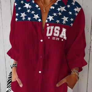 Women Independence Day (Flag) Three Quarter Sleeve Shirt Spring/Fall Printing Shirt Collar Daily Casual Top, JustFashionNow Shirts, color:Wine Red|size:5XL,