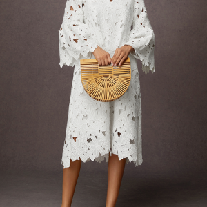Plain Vacation Crew Neck Three Quarter Loose Skirt Dress, Midi Dresses, color:White|size:XS, Stylewe