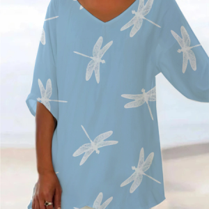 V Neck Short Sleeve Dragonfly Printing Regular Loose Shirt For Women, Blouses, color:Blue|size:3XL, catalog Noracora shop