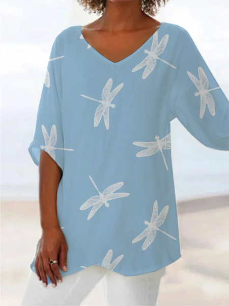 Women Dragonfly Short Sleeve Shirt Summer Printing V Neck Daily Casual Top, JustFashionNow Blouses, color:Blue|size:3XL,