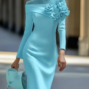 Plus Size Elegant Plain 3D Floral Crew Neck Knee Length Dress, Plus Dresses, color:Blue|size:4X, Stylewe