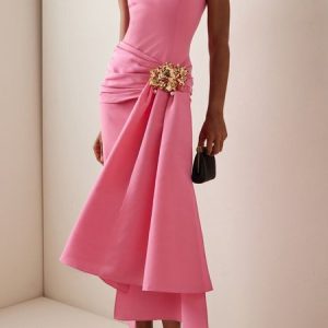Elegant Plain 3D Floral Crew Neck Midi Party Dress, Maxi Dresses, color:Pink|size:XXL, Stylewe