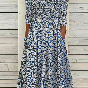 Women Floral Half Sleeve Summer Printing Dress Crew Neck Daily Casual Maxi A-Line Dress, JustFashionNow Casual Dresses, color:Blue|size:5XL,