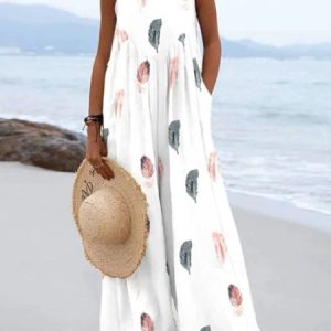 Women Gallus Square Neck Regular Fit Long Daily Casual Feather Pattern Natural Tank Jumpsuit, Jumpsuits&Rompers, color:White|size:4XL, catalog Noracora shop
