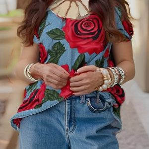 Denim Casual Floral Printing Crew Neck Top, Blouses and Shirts, color:Red|size:XXL, Stylewe