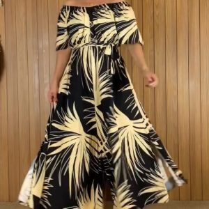 Tropical Print Off the Shoulder Short  Sleeve Waist Tied Detail Dress, women Print Dresses, ChicMe catalog