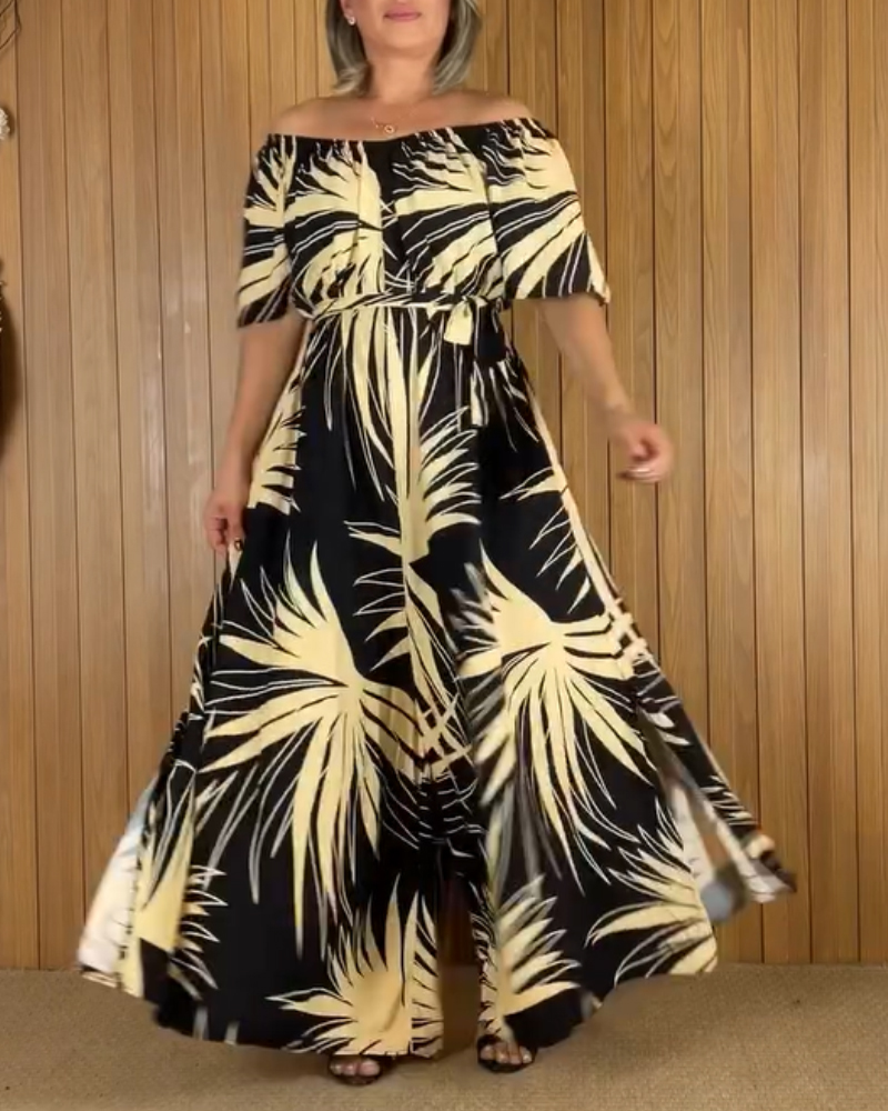Tropical Print Off the Shoulder Short Sleeve Waist Tied Detail Dress, women Print Dresses, ChicMe catalog