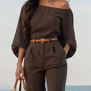 Urban Plain Irregular Craftsmanship One Shoulder Balloon Sleeve Blouse, Blouses and Shirts, color:Brown|size:XXL, Stylewe