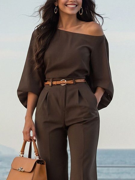 Urban Plain Irregular Craftsmanship One Shoulder Balloon Sleeve Blouse, Blouses and Shirts, color:Brown|size:XXL, Stylewe