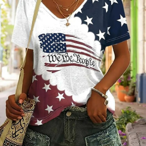 Casual America Flag V Neck Short Sleeve T-shirt, T-shirts, color:As Picture|size:4XL, catalog Noracora shop