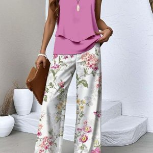 Crew Neck Regular Fit Floral Casual Two-Piece Set With No, Two-pieces, Lilicloth.com