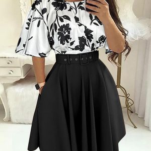 2 Pieces Outfit Colorblock Floral Print Bell Sleeve Hollow-out Back Shirred Back Hem Top and Casual A-line Skirt Set with Belt, women Two-piece Sets, ChicMe catalog