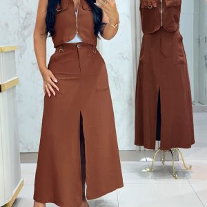 2 Pieces Outfit Sleeveless Zipper Front Metal Decor Crop Vest and High Waist Slit Elastic Back Waist Maxi Dress Set, women Two-piece Sets, ChicMe catalog