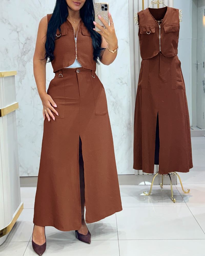 2 Pieces Outfit Sleeveless Zipper Front Metal Decor Crop Vest and High Waist Slit Elastic Back Waist Maxi Dress Set, women Two-piece Sets, ChicMe catalog