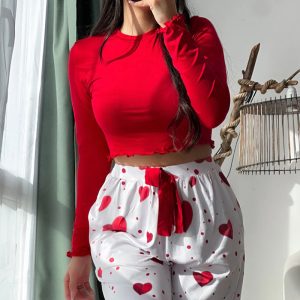 2 Pieces Outfit Frill Hem Long Sleeve Crop Top and Heart Pattern Drawstring Pants Pajamas Set, women Two-piece Sets, ChicMe catalog