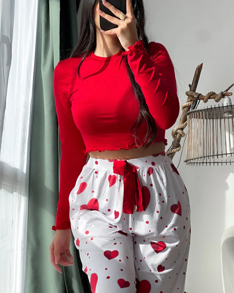 2 Pieces Outfit Frill Hem Long Sleeve Crop Top and Heart Pattern Drawstring Pants Pajamas Set, women Two-piece Sets, ChicMe catalog