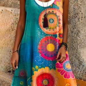 Women Boho Print Sundress Crew Neck Sleeveless Comfy Casual Midi Dress, Dresses, color:Blue|size:3XL, catalog Noracora shop