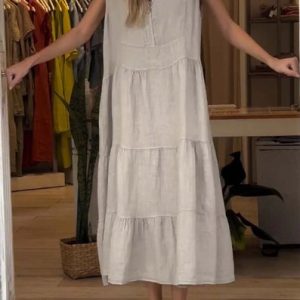 Women Plain Sleeveless Summer Split Joint Dress Half Open Collar Daily Vintage Maxi Tank A-Line Dress, JustFashionNow Dresses, color:Khaki|size:5XL,