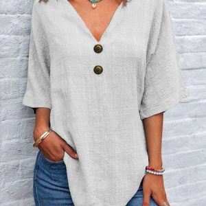 Casual Plain V Neck Short Sleeve T-shirt, T-shirts, color:Light Gray|size:4XL, catalog Noracora shop