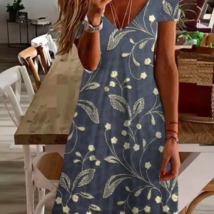 Women Floral Short Sleeve Summer Printing Dress V Neck Daily Casual Midi Fit & Flare Dress A-Line Dress, JustFashionNow Casual Dresses, color:Purplish Blue|size:5XL,