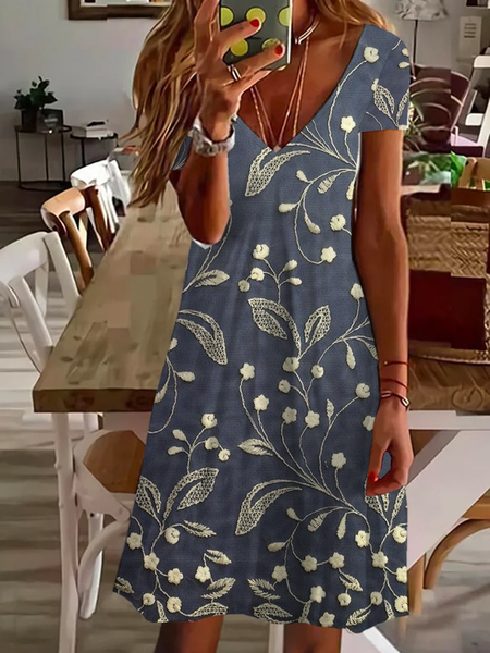 Women Floral Short Sleeve Summer Printing Dress V Neck Daily Casual Midi Fit & Flare Dress A-Line Dress, JustFashionNow Casual Dresses, color:Purplish Blue|size:5XL,