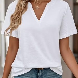 Casual Plain V Neck Short Sleeve T-shirt, T-shirts, color:White|size:4XL, catalog Noracora shop