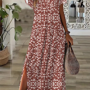 Women Floral Short Sleeve Summer Printing Dress V Neck Daily Casual Maxi X-Line Dress, JustFashionNow Casual Dresses, color:Dusty Pink|size:3XL,