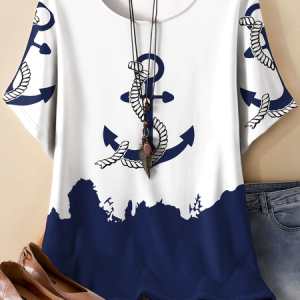 Vintage Anchor Crew Neck Three Quarter Sleeve T-shirt, T-shirts, color:As Picture|size:4XL, catalog Noracora shop
