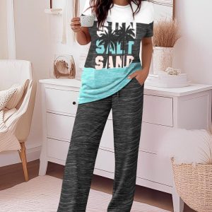 2 Pieces Outfit Heart Palmtree Print Short Sleeve Top and Casual Long Sets Loungewear Pajamas Set, women Pajamas Sets, ChicMe catalog