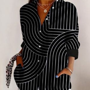V Neck Long Sleeve Geometric Regular Micro-Elasticity Regular Fit Shirt For Women, Shirts, color:Black|size:4XL, catalog Noracora shop