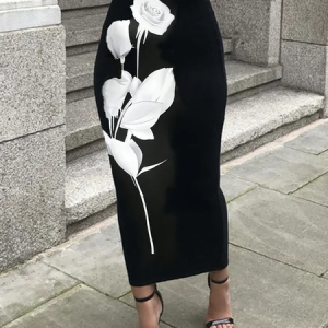 Plus Size Casual Tight Floral Skirt, Plus Skirts, color:Black|size:4X, Stylewe