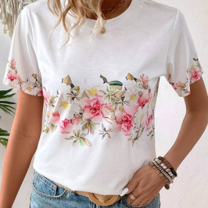 Women Floral Short Sleeve Tee T-shirt Crew Neck Printing Casual Summer Graphic Tee Top, JustFashionNow T-Shirts, color:White|size:XXL,