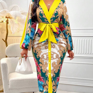 Urban Ethnic Printing V Neck Knee Length Dress With Belt, Midi Dresses, color:Yellow|size:XXL, Stylewe