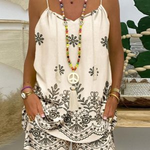 Floral Print Spaghetti Tank Top & Floral Print Pocket Design Shorts Set, women Two-piece Sets, ChicMe catalog
